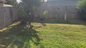 Une cour arrière clôturée avec un arbre, un abri de jardin et une clôture en bois.
