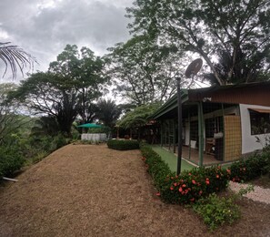A garden area with a covered seating area, a fenced enclosure, and various plants.