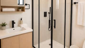 Shower, free toiletries, towels, soap