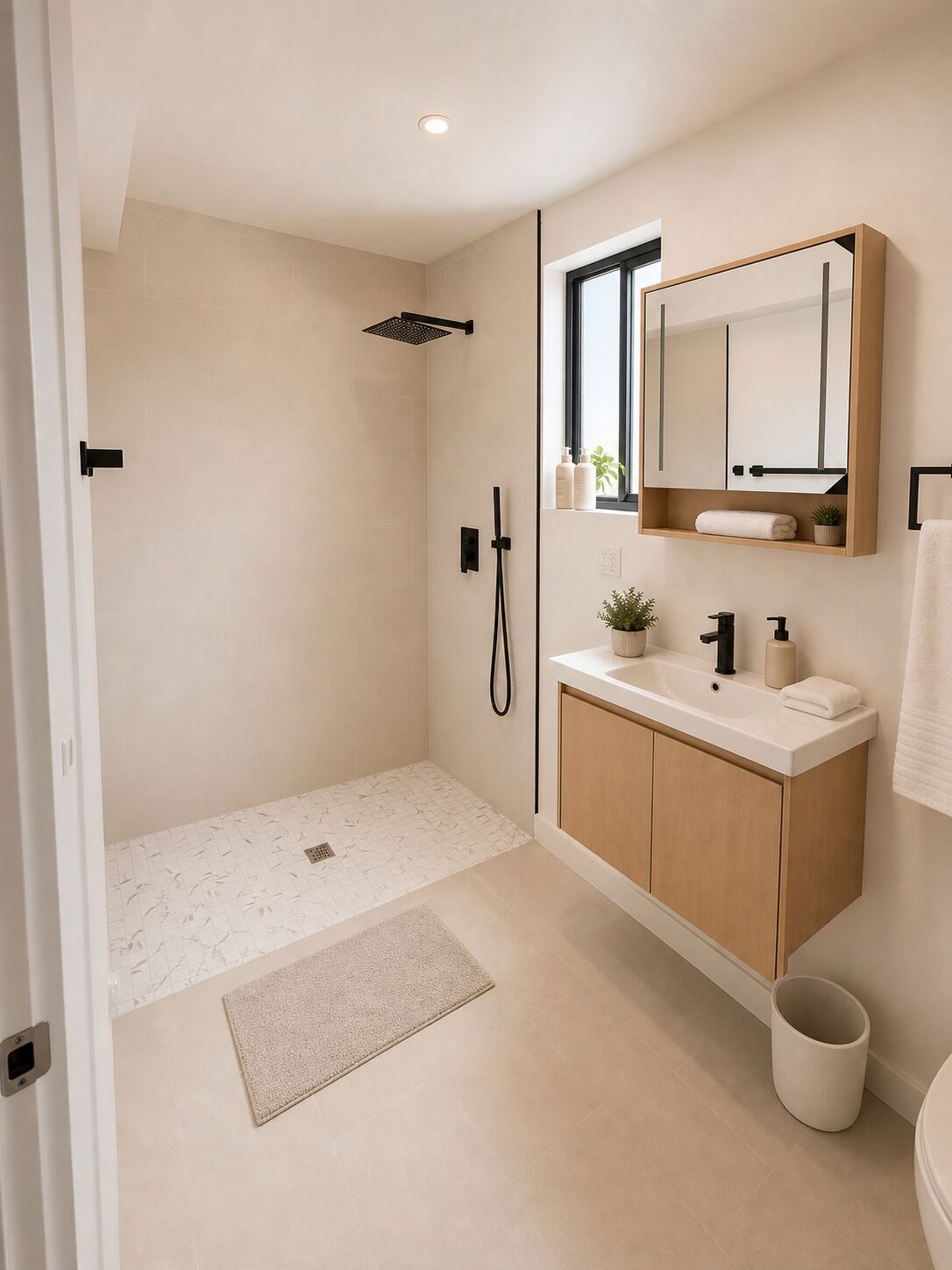 A modern bathroom with a walk-in shower, a vanity with a mirror, and a small window.