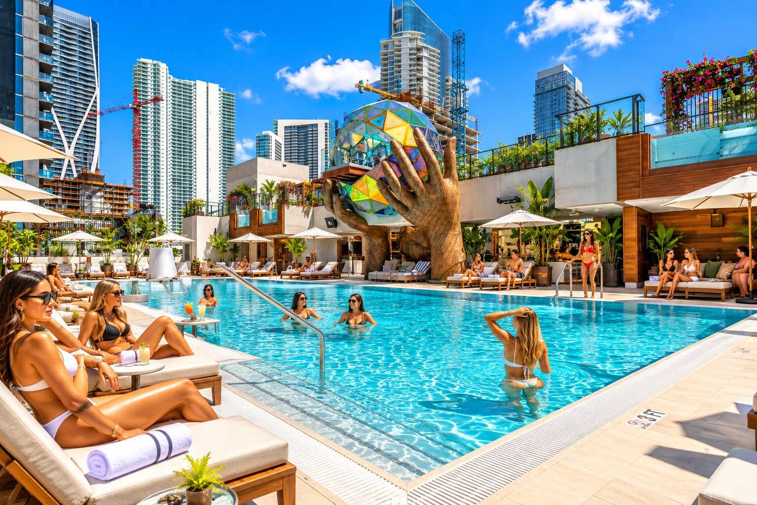 A pool area with lounge chairs and umbrellas, surrounded by high-rise buildings.