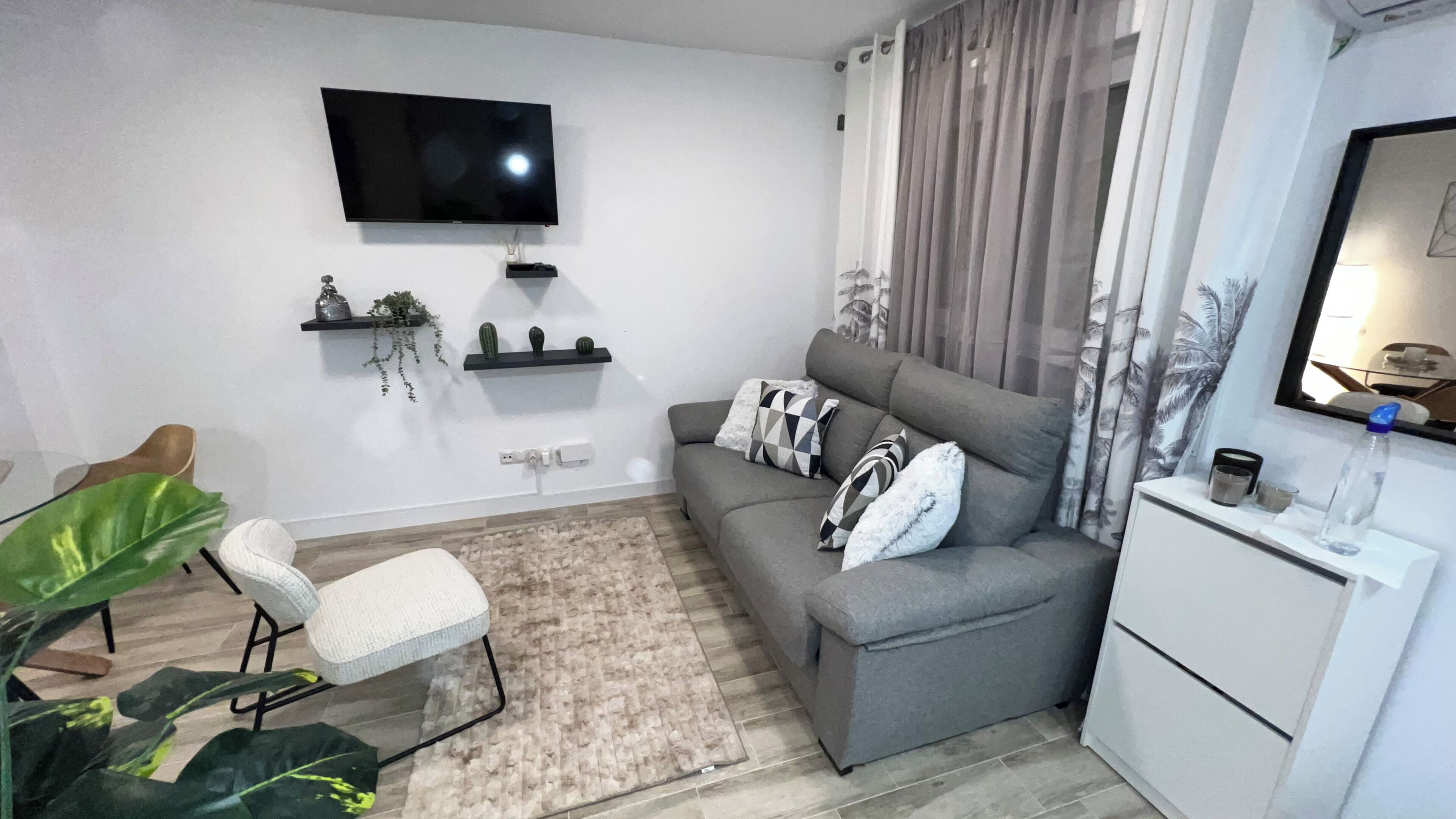 A modern living room with a grey sofa, a flat-screen TV, a small plant shelf, and a white cabinet.