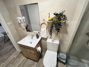 Secador de pelo, toallas y papel higiénico