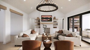 Ein modernes Wohnzimmer mit zwei Sofas, einem Couchtisch und einem Kamin.