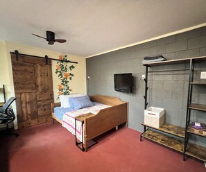 A room with a bed, a ceiling fan, a TV mounted on the wall, and a wooden wardrobe. - Casita with private outdoor space & full kitchen - pet friendly too! (Phoenix)