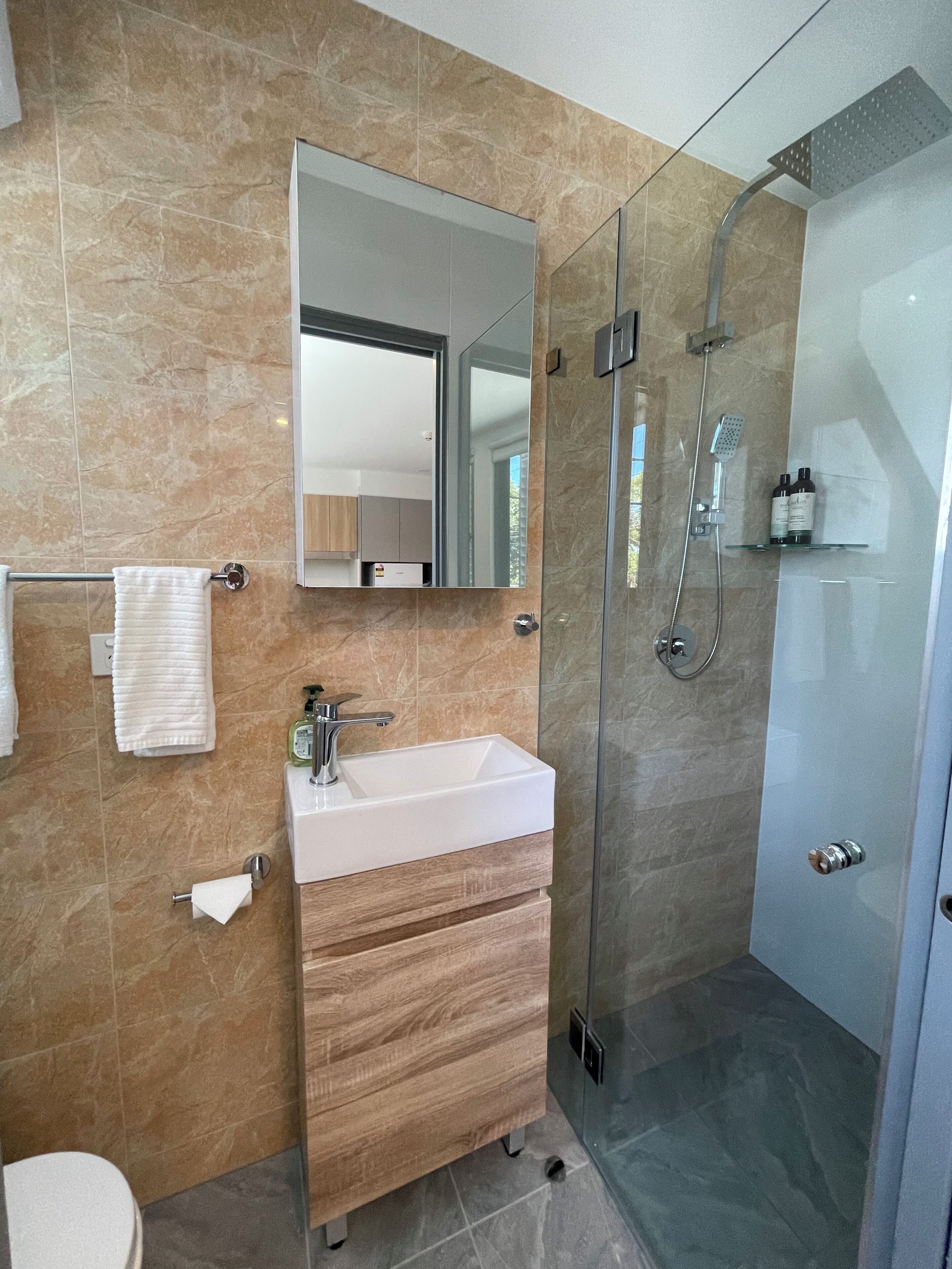 Shower, hair dryer, towels, toilet paper