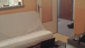 Un salon avec un canapé, une table basse sur laquelle se trouve un ordinateur portable, une porte et une vue sur l’extérieur.