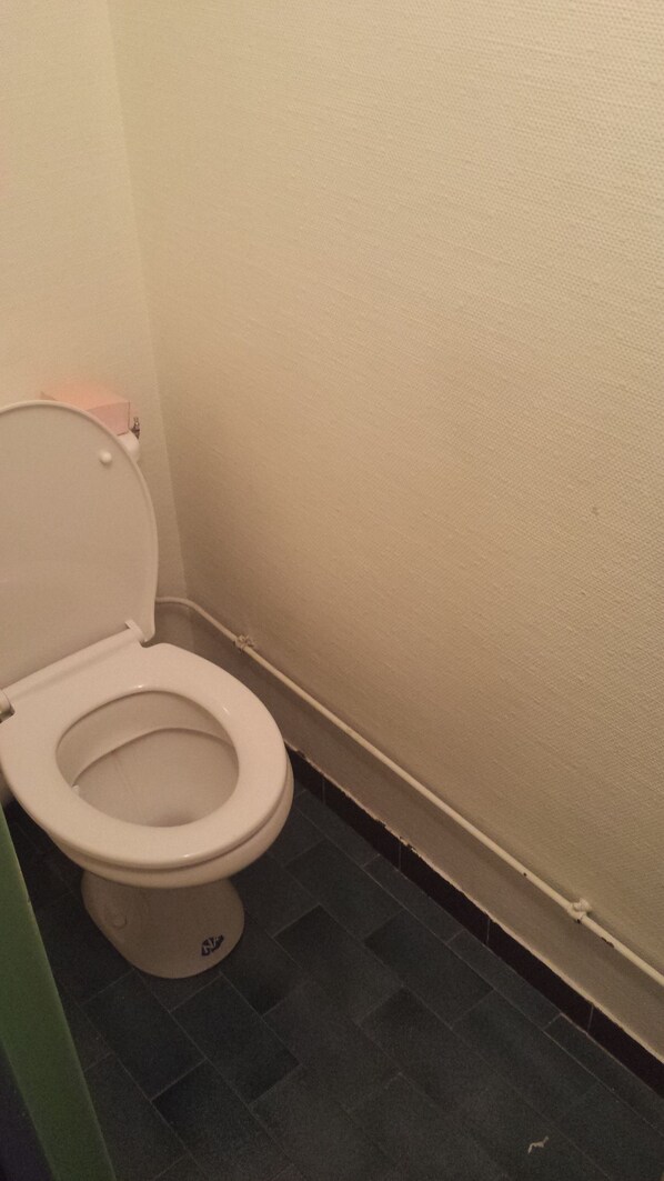 A toilet in a small, narrow bathroom with a tiled floor.