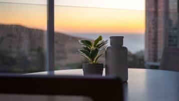 Ein Topfpflanzen auf einem Tisch mit einer Flasche, mit Blick auf eine Stadtlandschaft bei Sonnenuntergang.