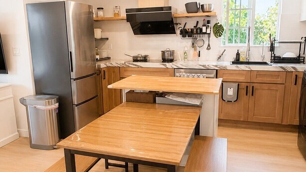 Une cuisine moderne dotée d’un réfrigérateur en acier inoxydable, de meubles de rangement en bois, d’une table à manger en bois et d’une fenêtre laissant entrer la lumière naturelle.