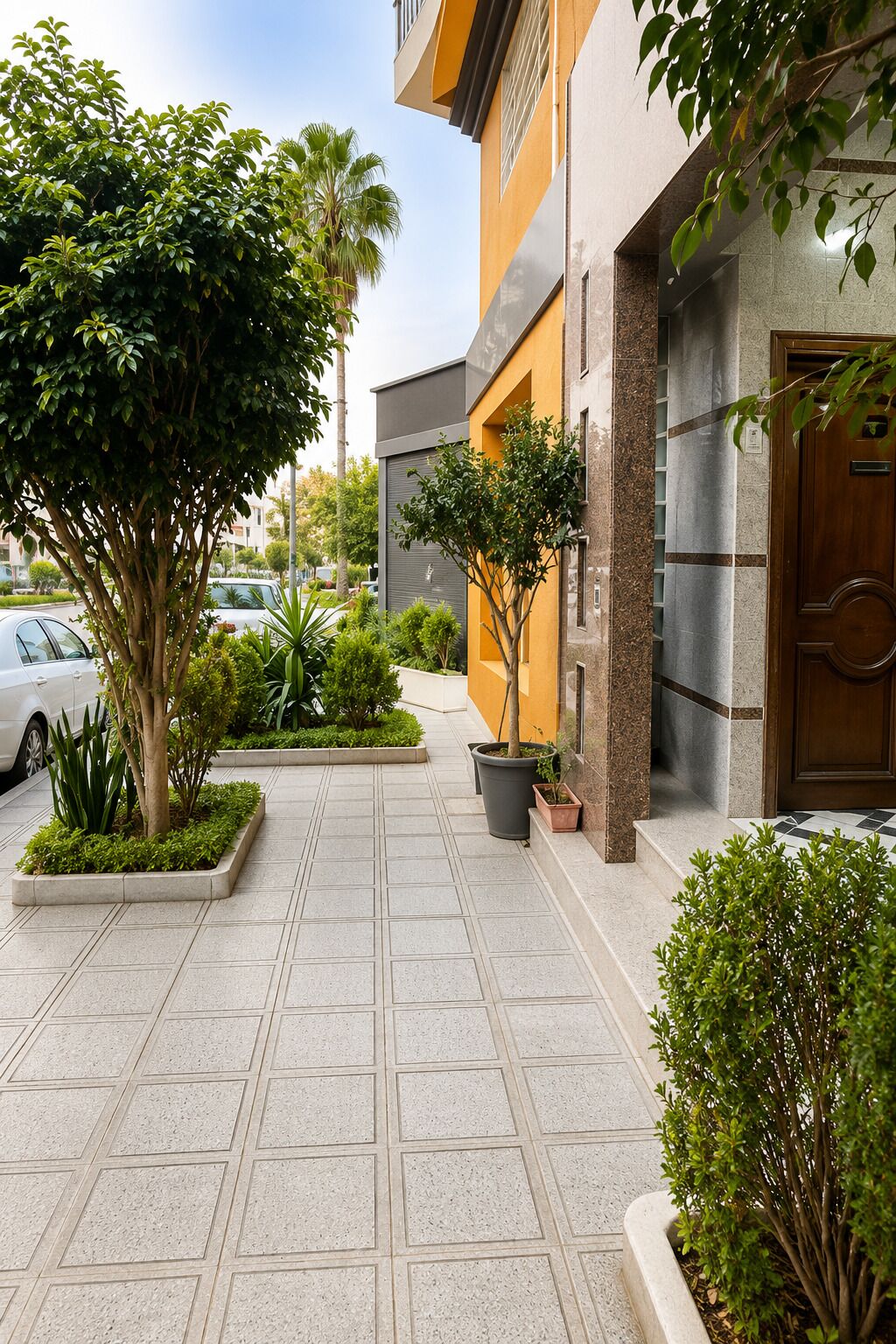 Un chemin pavé mène à un bâtiment à l’architecture moderne, qui présente un mélange d’éléments végétaux et architecturaux.