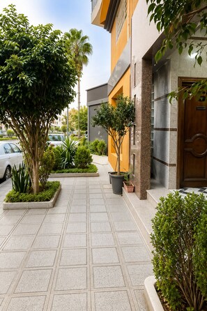 Un passeig pavimentat que condueix a un edifici de disseny modern, amb una combinació de vegetació i elements arquitectònics.