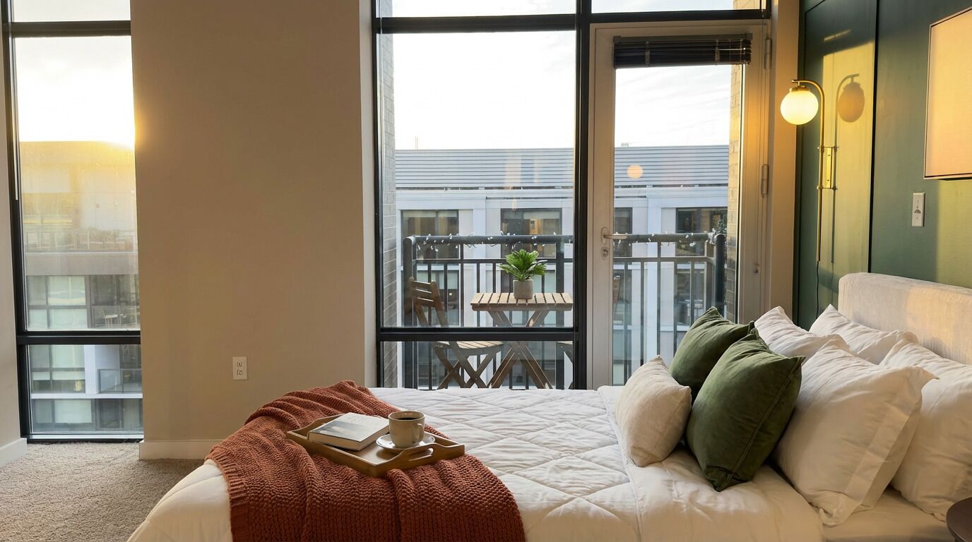 Ein Schlafzimmer mit großem Fenster, einem Bett mit weißer Bettwäsche, einem Nachttisch mit Buch und Tasse sowie einem Balkon mit Tisch und Stühlen.