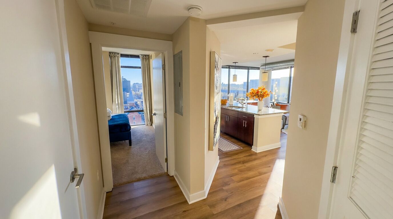 A hallway leading to a bedroom with a city view, a kitchen with a large window, and a dining area with a vase of flowers.