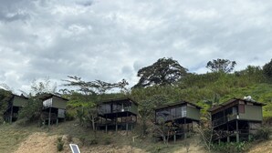 A series of elevated cabins with multiple levels, surrounded by natural vegetation and a cloudy sky. - Magma Ecohotel—Onix Cabin (La Vega)