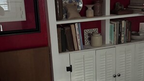 A room with a sofa, a bookshelf, and a cabinet with doors.