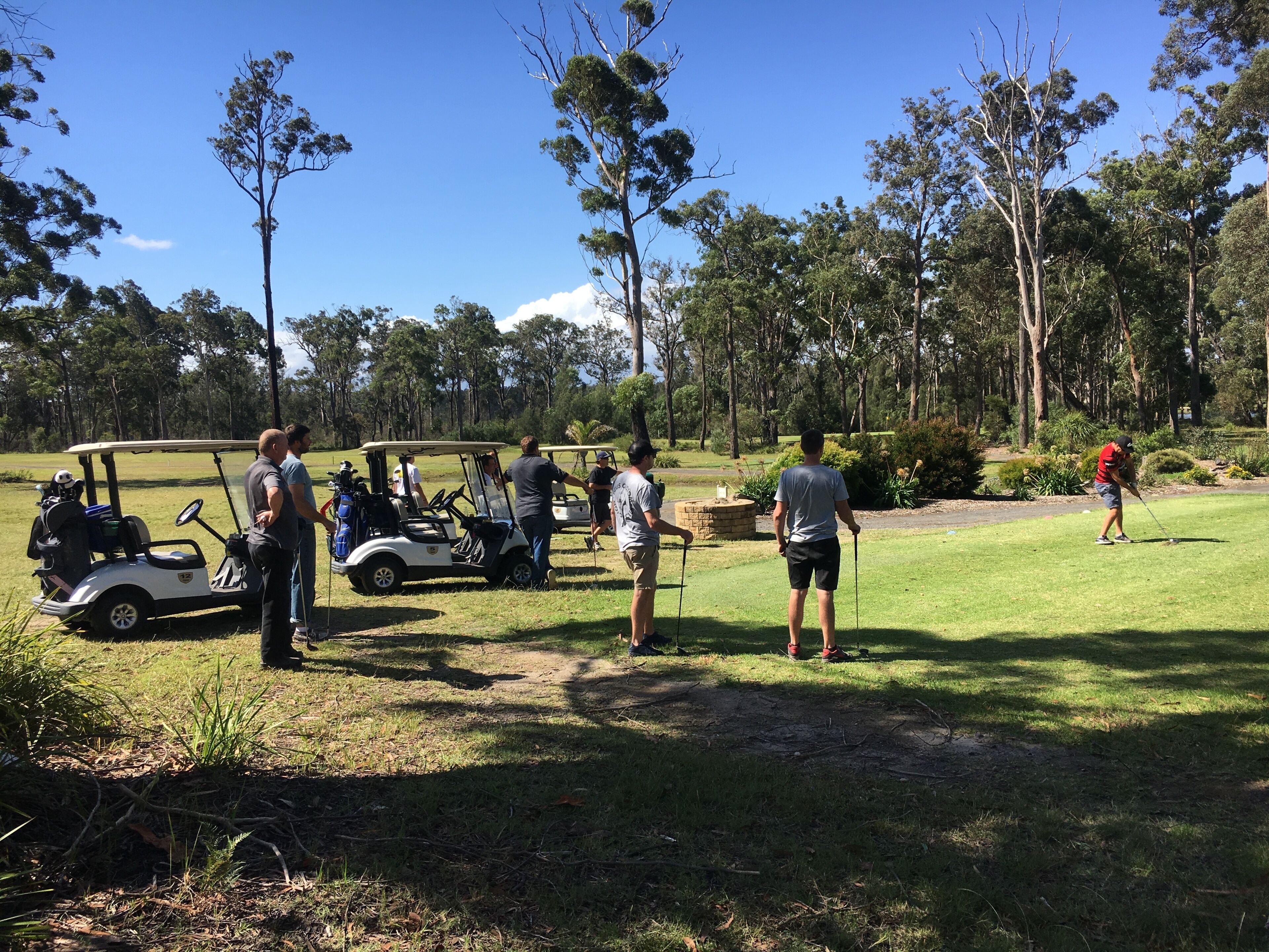 Een golfbaan met een golfkar, mensen staan en bomen op de achtergrond.