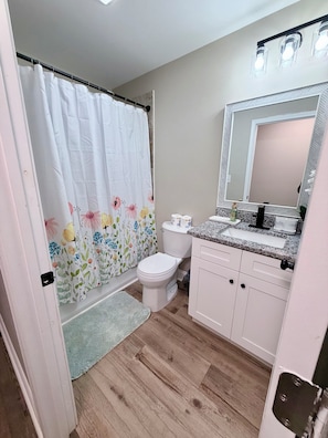 Sèche-cheveux, serviettes fournies, savon, papier toilette