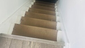 A staircase with wooden steps and white walls. - Apartment for rent (Toronto)