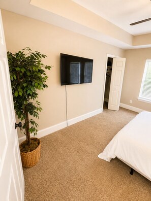 Un dormitorio con una cama, un televisor montado en la pared, una planta en maceta y un armario.