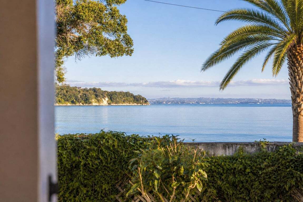 A coastal view with a palm tree, a body of water, and a distant shoreline.