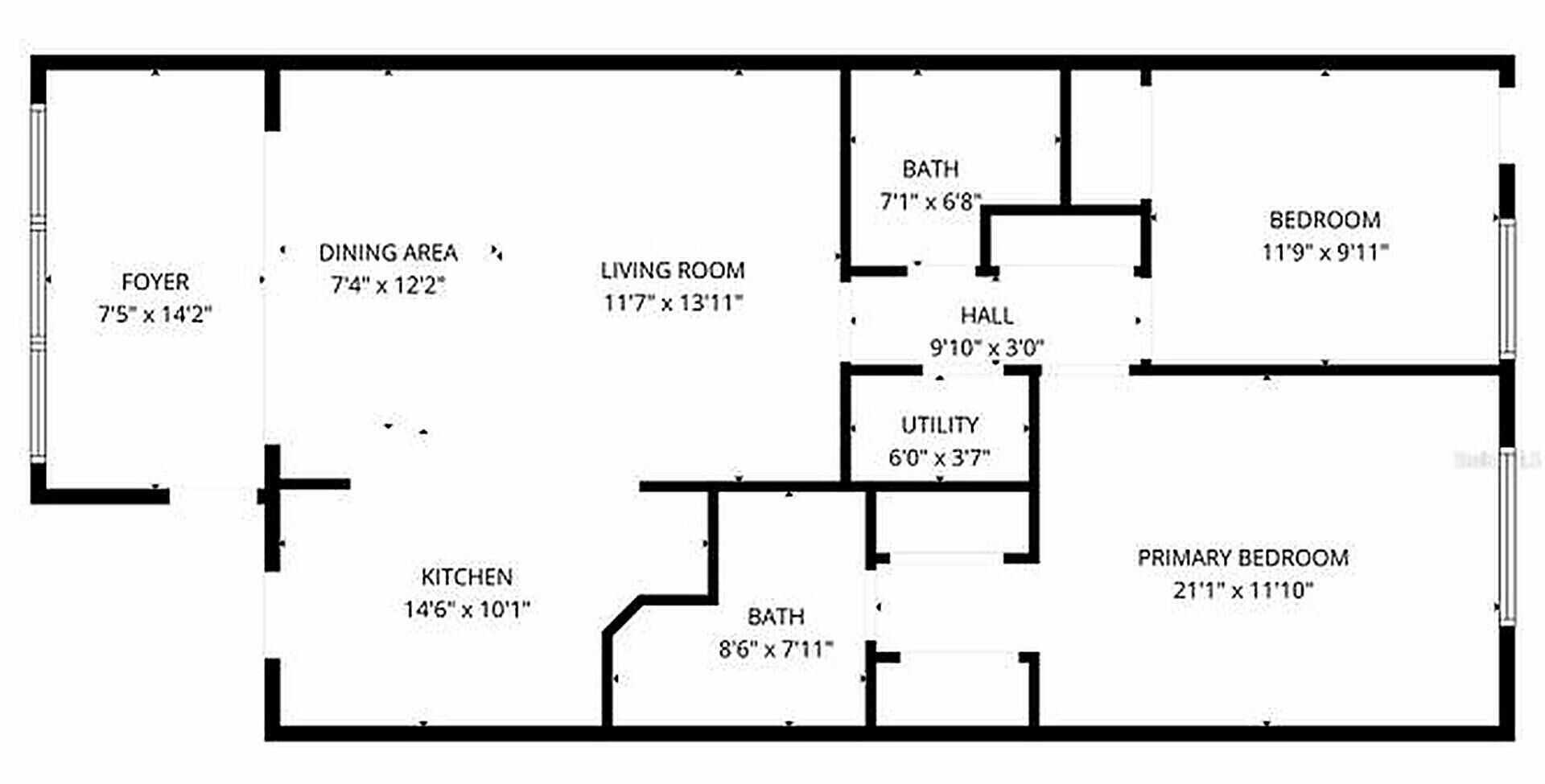 A floor plan with a foyer, dining area, kitchen, living room, two bathrooms, a utility room, a hall, a bedroom, and a primary bedroom.