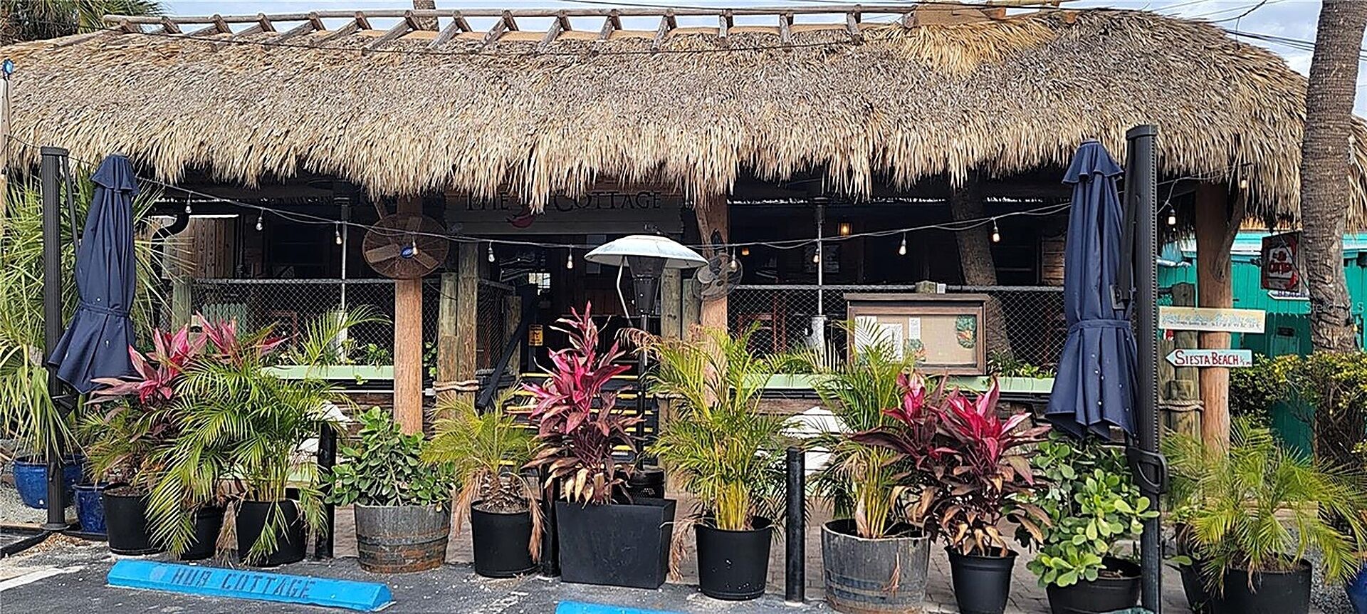 Une construction à toit de chaume, avec des plantes en pot devant.
