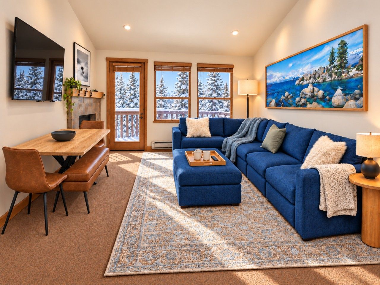 Your top-floor mountain retreat, with a Lovesac sectional, fireplace, and space to unwind after the slopes. (Furniture visualization showing the planned living-room setup starting 10/31/26.)