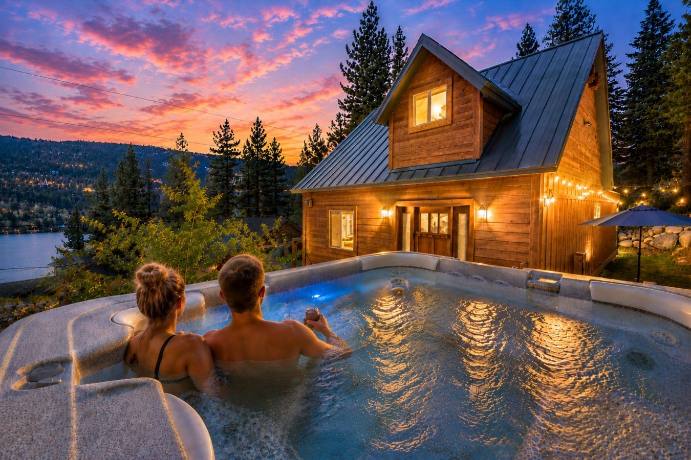 A wooden cabin with a hot tub and a view of a lake at sunset.