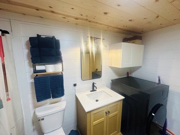 A bathroom with a toilet, sink, mirror, and towel rack.