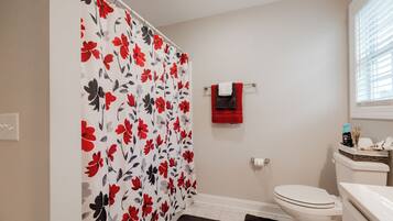 Hair dryer, towels, soap, toilet paper