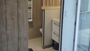 A bathroom with a toilet, a sink, and a shower area. - The garleche (Sainte-Eulalie-en-Born)