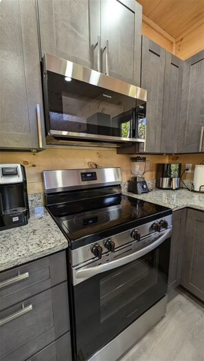 A kitchen with a stainless steel range, a built-in microwave, a coffee maker, and a blender on the countertop. - ★ Newly Listed Modern Cabin for Family Adventures and Romantic Escapes ★ (Townsend)