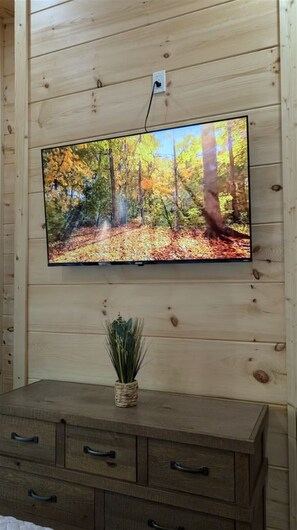 A television mounted on a wooden wall with a forest scene displayed. - ★ Newly Listed Modern Cabin for Family Adventures and Romantic Escapes ★ (Townsend)