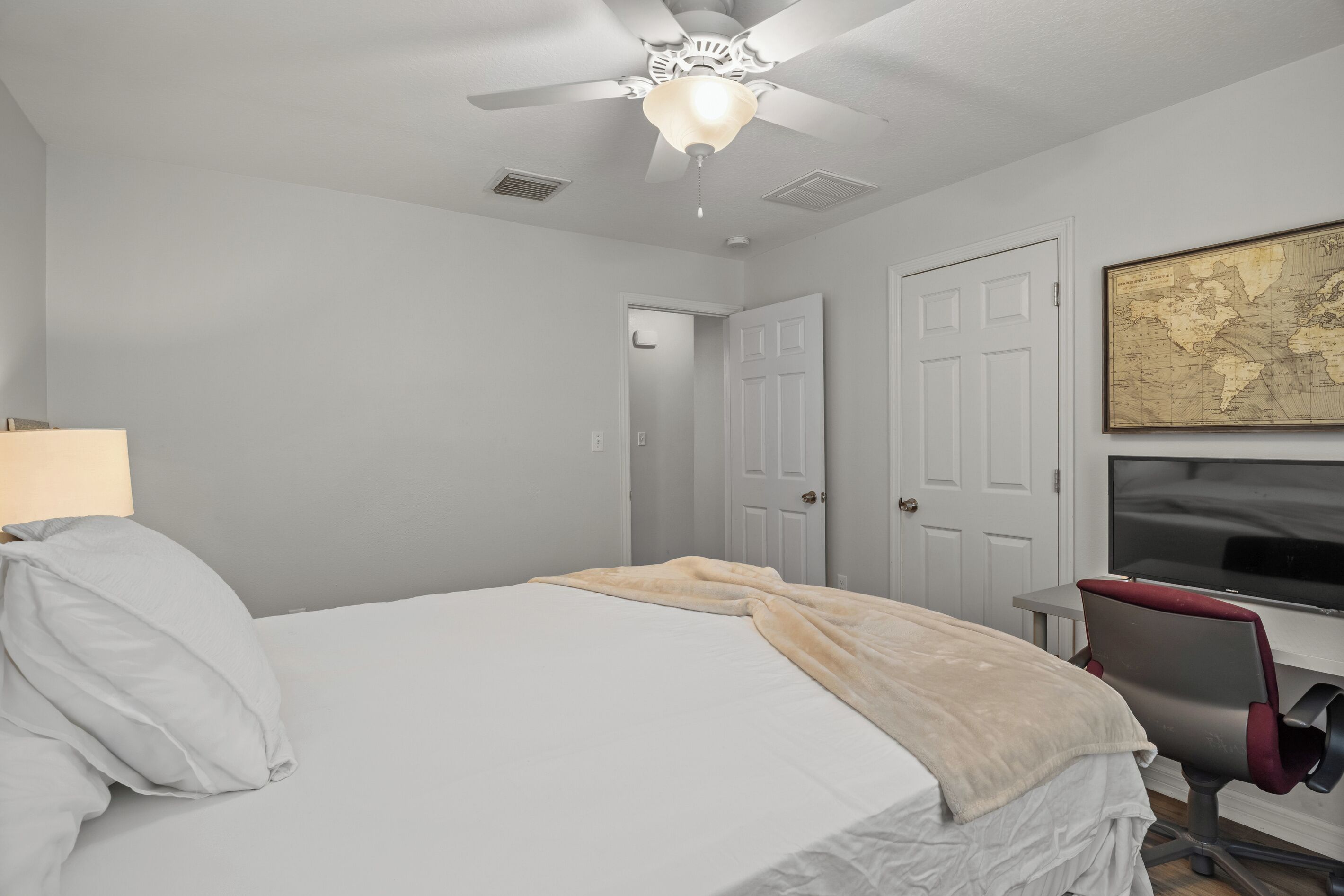 Desk, iron/ironing board, travel crib, WiFi (free)