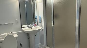 Un baño con inodoro, lavamanos y ducha.