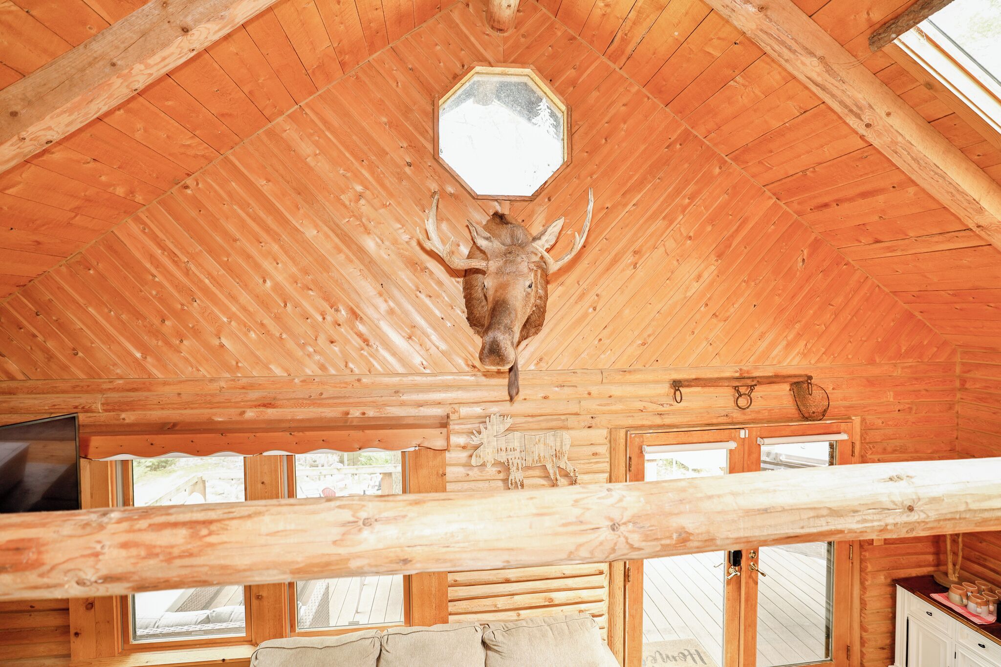 A wooden cabin interior with a mounted deer head, a large window, and a wooden ceiling.