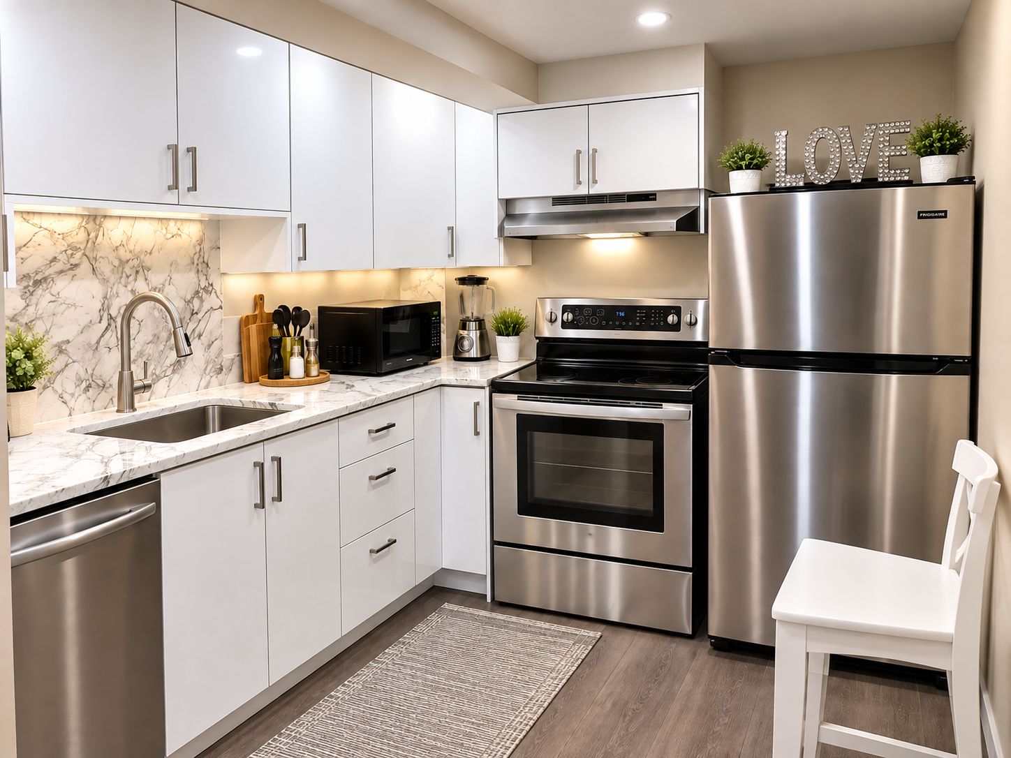 A modern kitchen with stainless steel appliances, white cabinetry, and a marble backsplash.