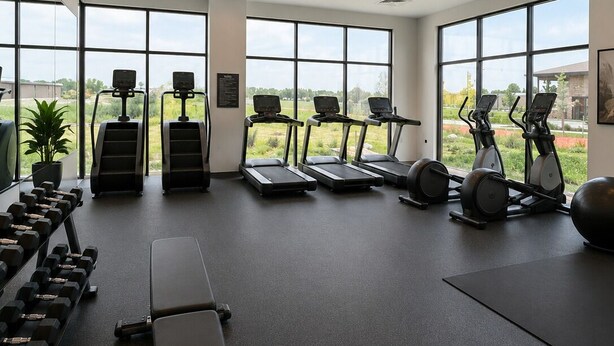 A gym with treadmills, elliptical machines, and dumbbells.