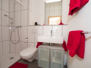 A bathroom with a white toilet, a glass shower enclosure, a white sink, and a mirror above the sink.