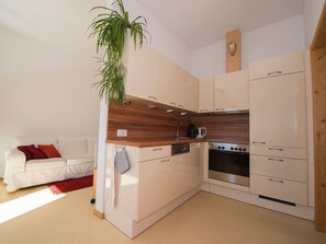 A modern kitchen with white cabinets, a wooden countertop, a built-in oven, and a hanging plant.