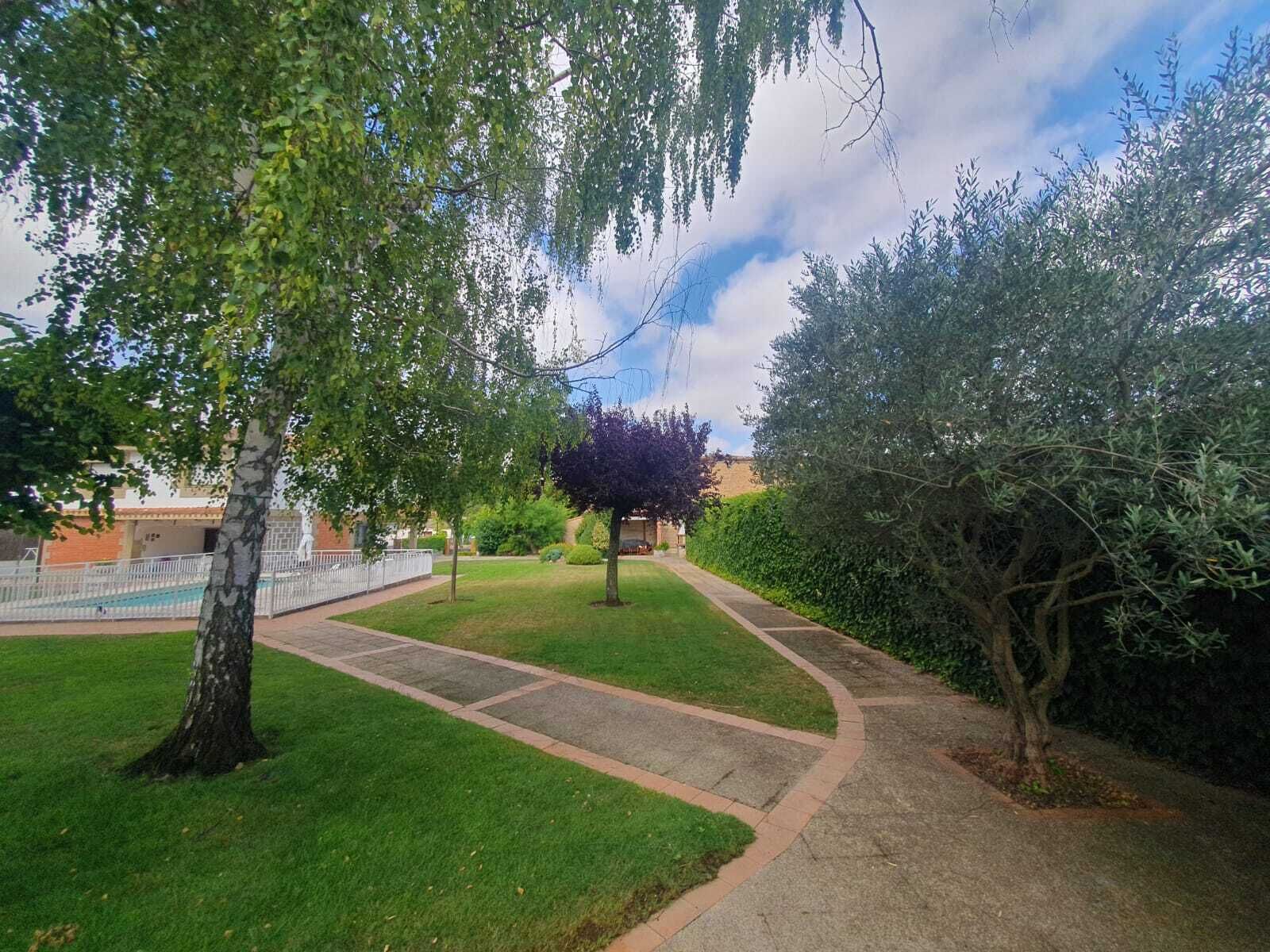 Een pad dat door een verzorgd grasveld leidt, met bomen en een hek op de achtergrond.