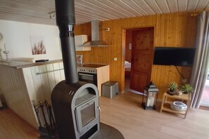 Ein gemütliches Zimmer mit Kaminofen, einer kleinen Küchenzeile, einem Fernseher und einer Holztür.
