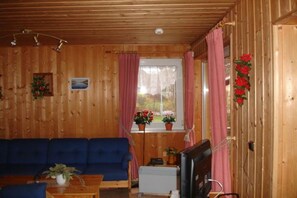 A wooden interior with a blue sofa, a television, and a window with curtains. - Praktischer Doppelbungalow mit Terrasse im Ferienpark Mirow (Granzow)