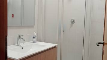Hair dryer, bidet, towels, soap