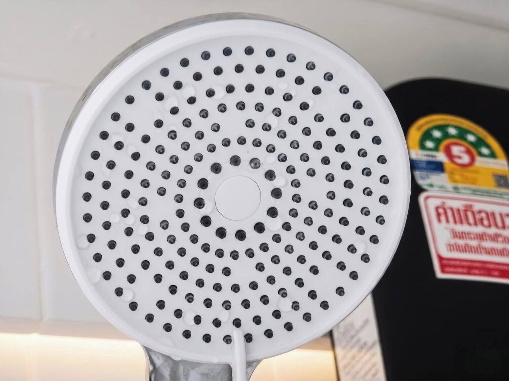 A showerhead with a circular pattern of holes.