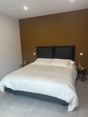 Ein ordentlich bezogenes Bett mit dunklem Kopfteil, ein Nachttisch mit Lampe und ein Lichtschalter an der Wand.