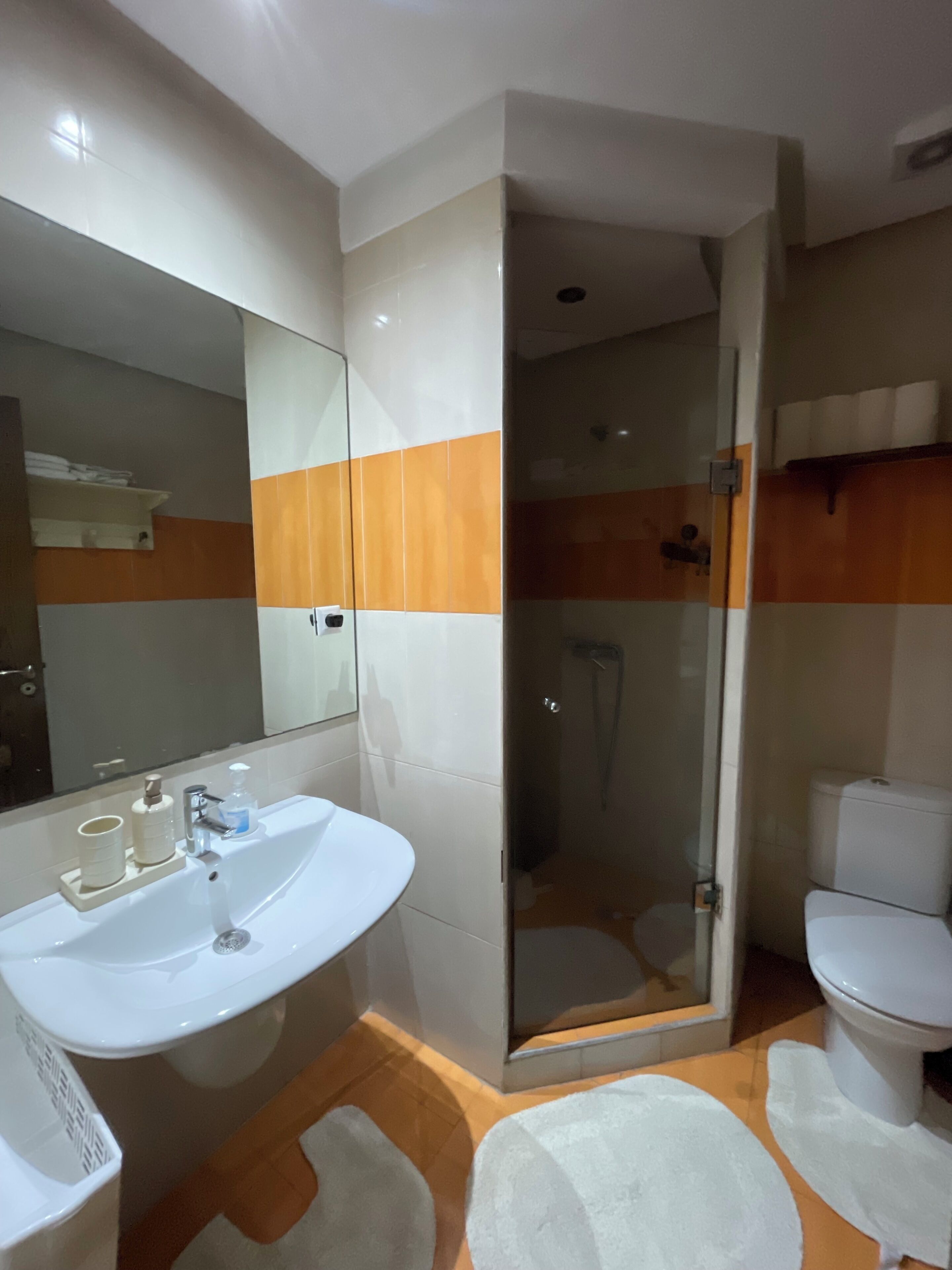 Et badeværelse med vask, spejl, toilet og brusebad.