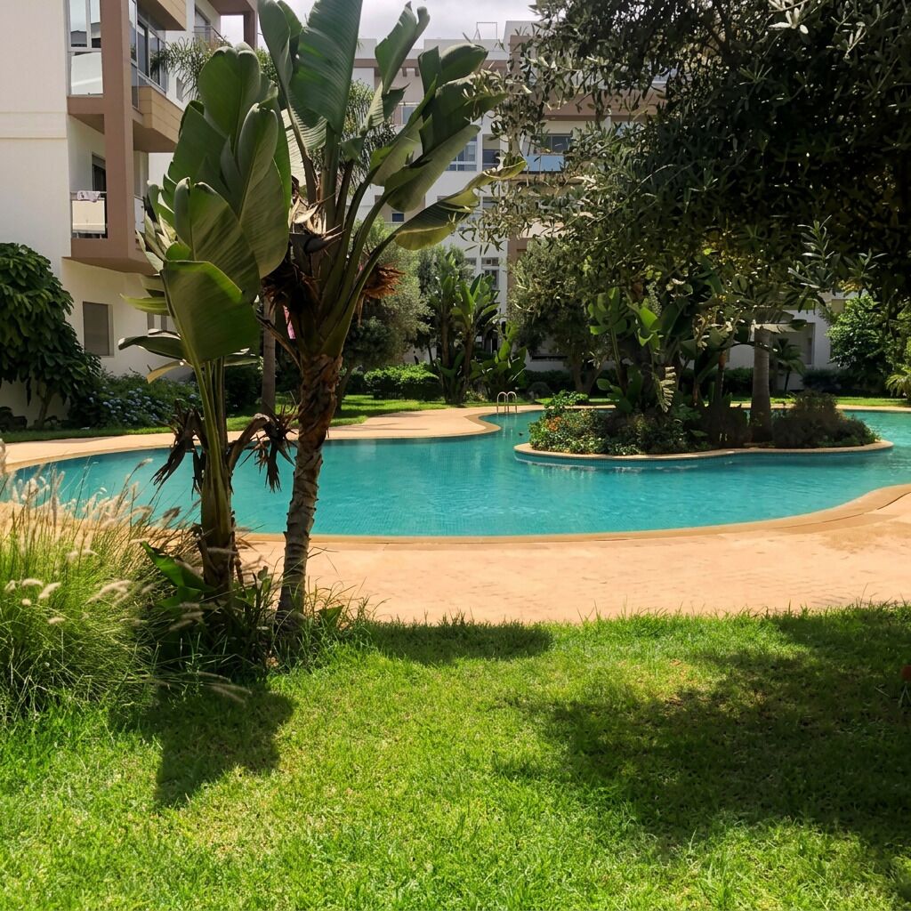 A swimming pool surrounded by greenery and a building in the background.