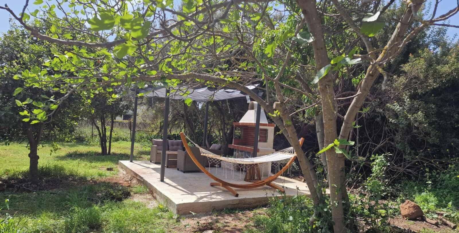 A hammock under a tree, a barbecue area, and a seating arrangement in a garden setting.